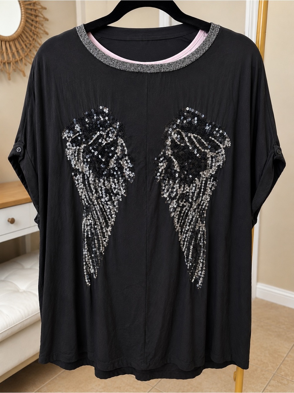 Black Sequin Angel Wing Women's Top - Brand